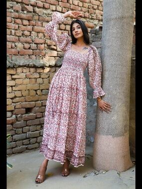 Karni Smocked Block Print Cotton Floral Dress Pink Long Sleeve size Medium